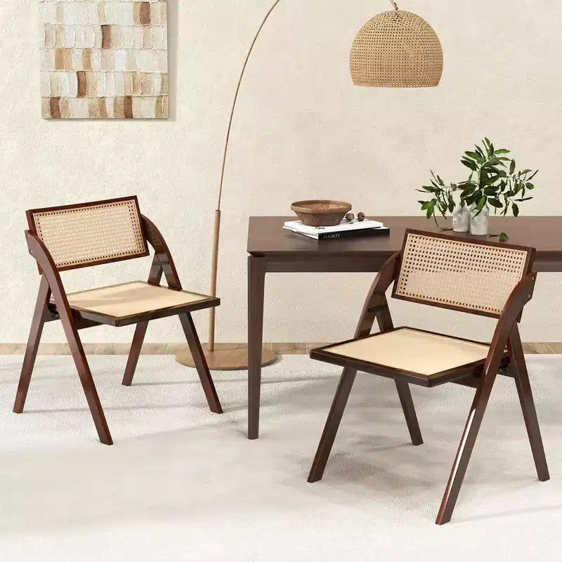 Chaises de salle à manger pliantes avec dossier et assise en rotin tressé et cadre en bois d'hévéa marron