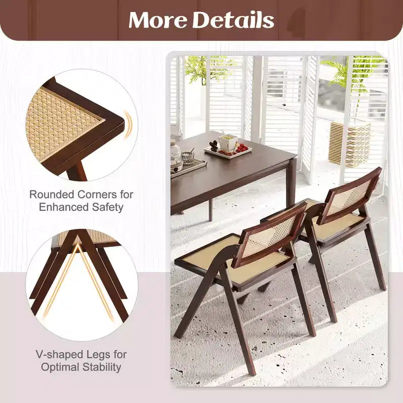 Chaises de salle à manger pliantes avec dossier et assise en rotin tressé et cadre en bois d'hévéa marron