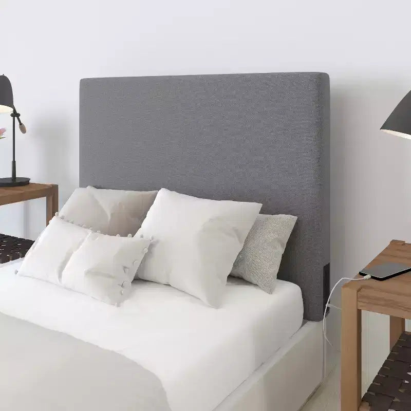 Tête de lit en faux lin avec revêtement élégant, deux options de suspension, station de charge avec 2 prises, port USB, port USB-C