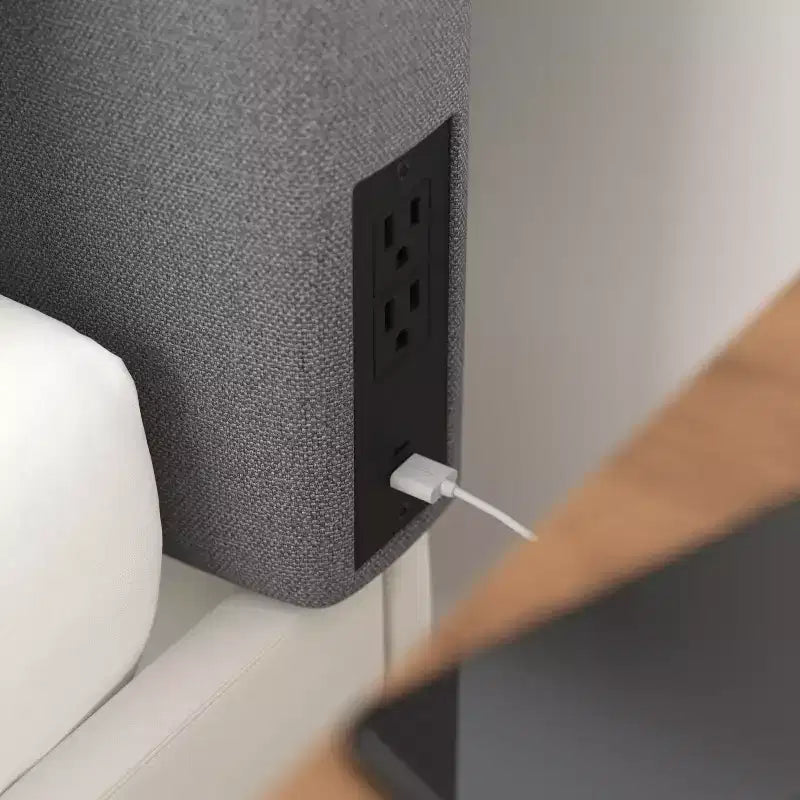 Tête de lit en faux lin avec revêtement élégant, deux options de suspension, station de charge avec 2 prises, port USB, port USB-C