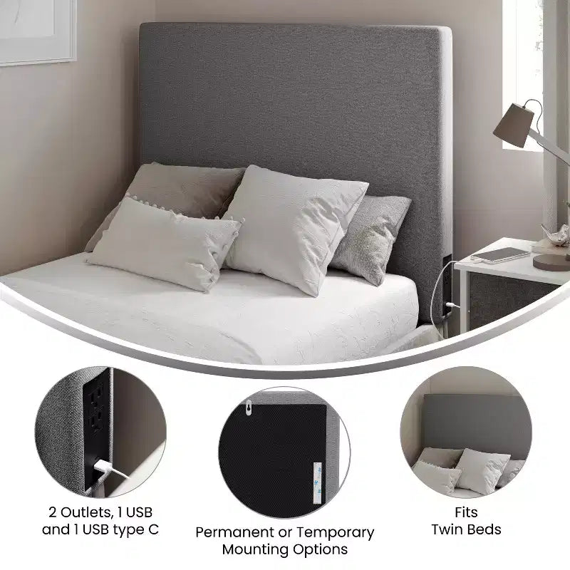Tête de lit en faux lin avec revêtement élégant, deux options de suspension, station de charge avec 2 prises, port USB, port USB-C