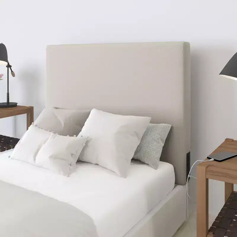 Tête de lit en faux lin avec revêtement élégant, deux options de suspension, station de charge avec 2 prises, port USB, port USB-C