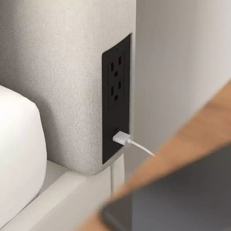 Tête de lit en faux lin avec revêtement élégant, deux options de suspension, station de charge avec 2 prises, port USB, port USB-C