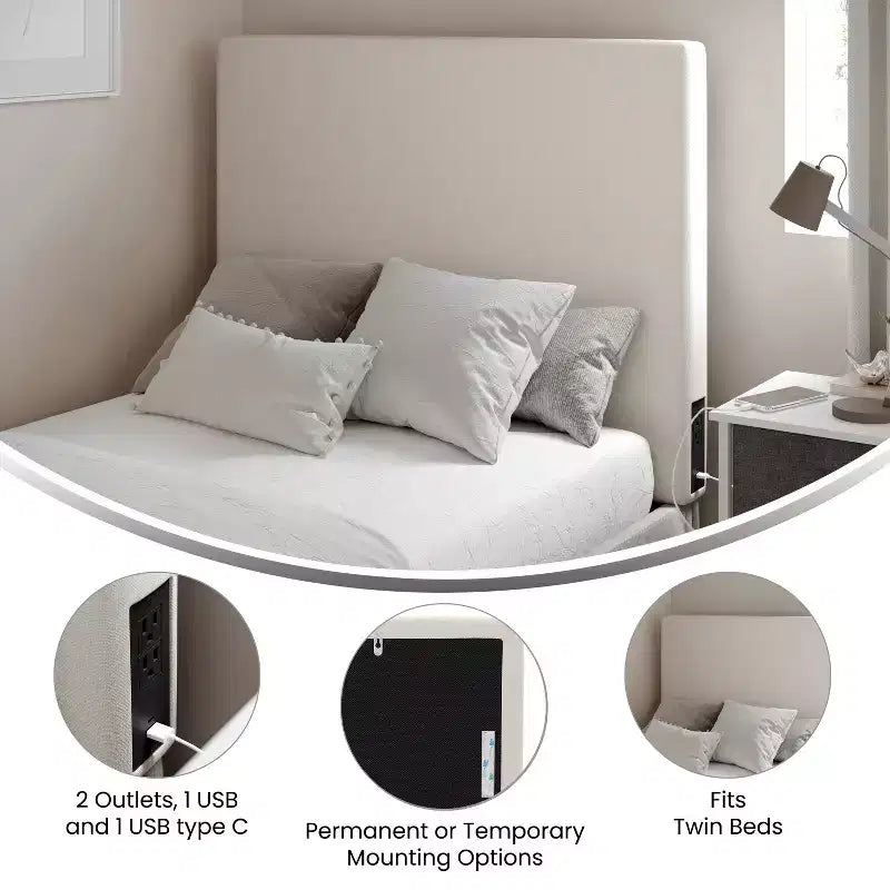 Tête de lit en faux lin avec revêtement élégant, deux options de suspension, station de charge avec 2 prises, port USB, port USB-C